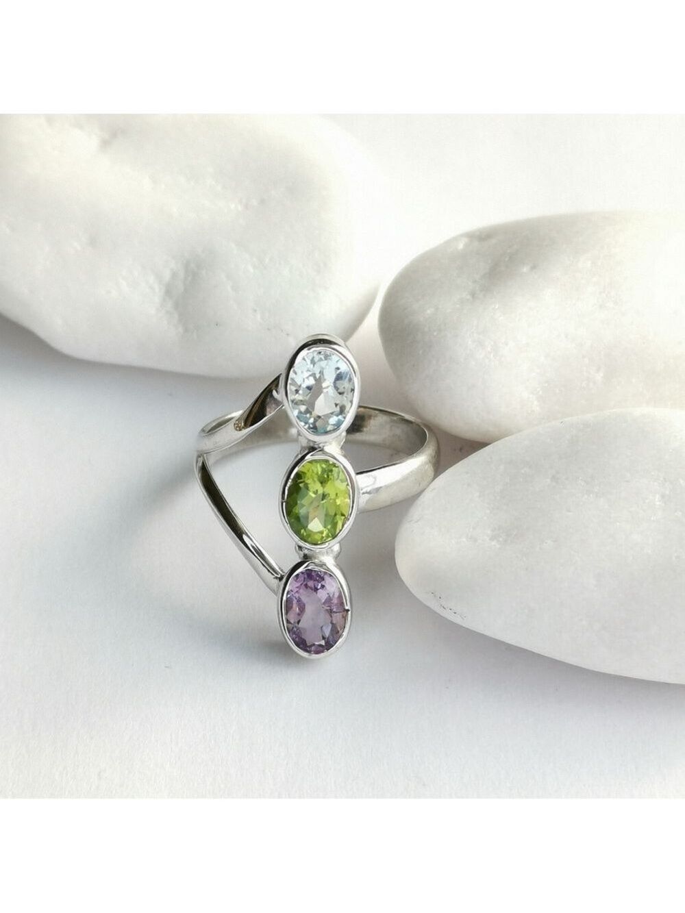 Sterling Silver Peridot Amethyst Topaz Gemstone Ring Size 8